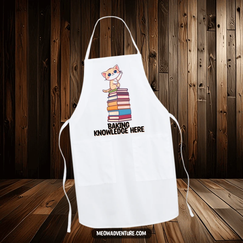 Funny apron featuring a cat courageously climbing a tall stack of books, symbolizing perseverance and a passion for knowledge in the kitchen.