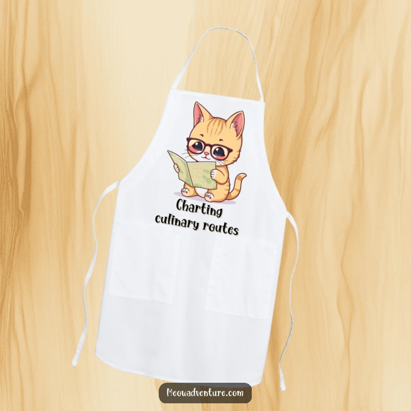 Funny apron showing a cat with spectacles reading a map, designed for chefs who appreciate intelligence and humor in the kitchen.