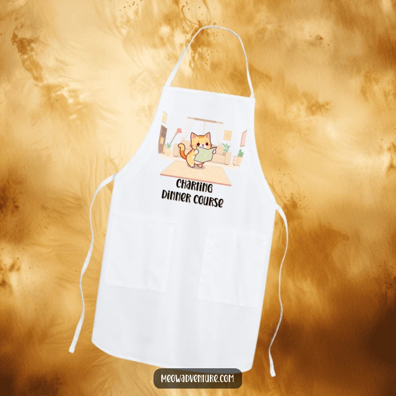 Funny apron featuring a determined cat with a map, plotting a course across a living room floor, ready for culinary missions.