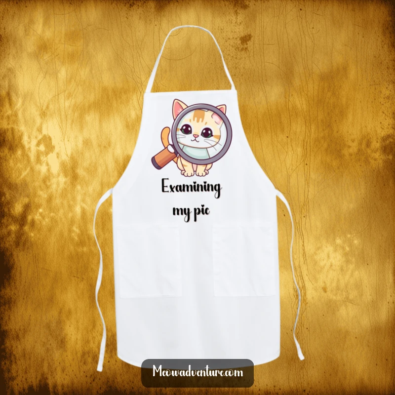 Funny apron featuring a cat peering intently through a large magnifying glass, ready to discover the secrets of delicious cooking.