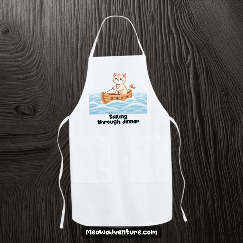 Funny apron design showing a brave cat captaining a toy boat sailing across a vast carpet ocean, ready for culinary quests.