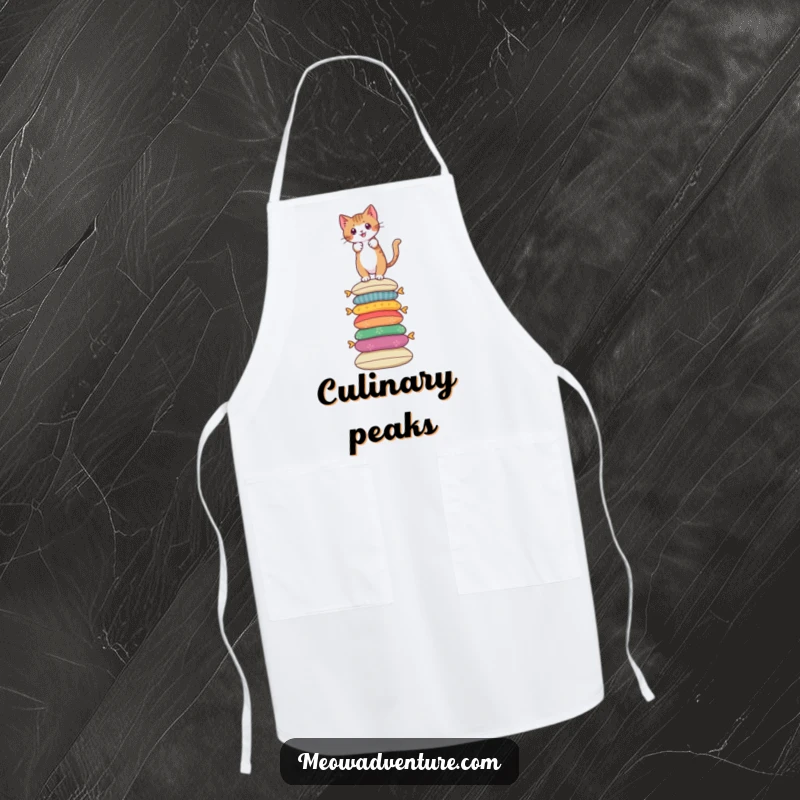 Funny apron with a brave cat climbing a tall stack of colorful cushions, for daring chefs.