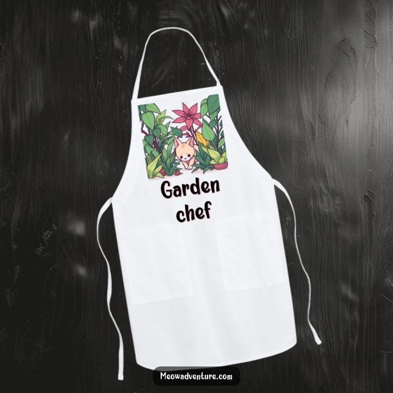 Funny apron with a stealthy cat creeping through oversized houseplants, for playful kitchen gardeners.