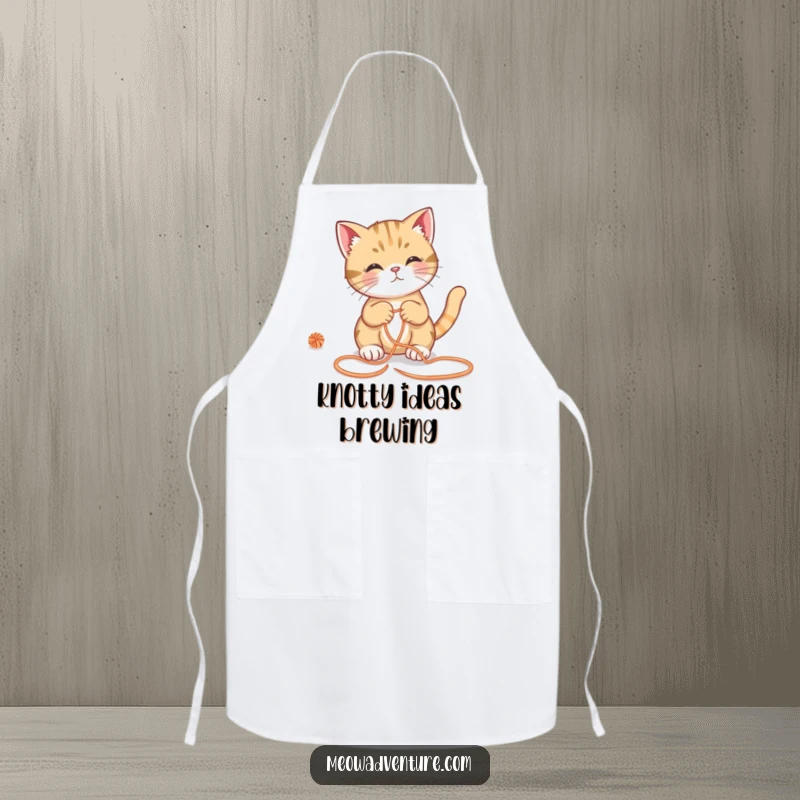 Funny cat apron, smart feline tackling a yarn maze, humorous kitchen wear for cooking enthusiasts, a great funny gift.