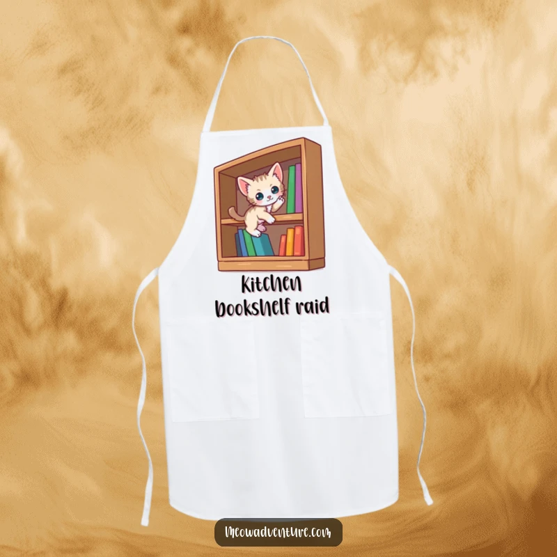 Funny curious kitten apron featuring a small cat scaling an oversized bookshelf, adding humor to kitchen tasks.