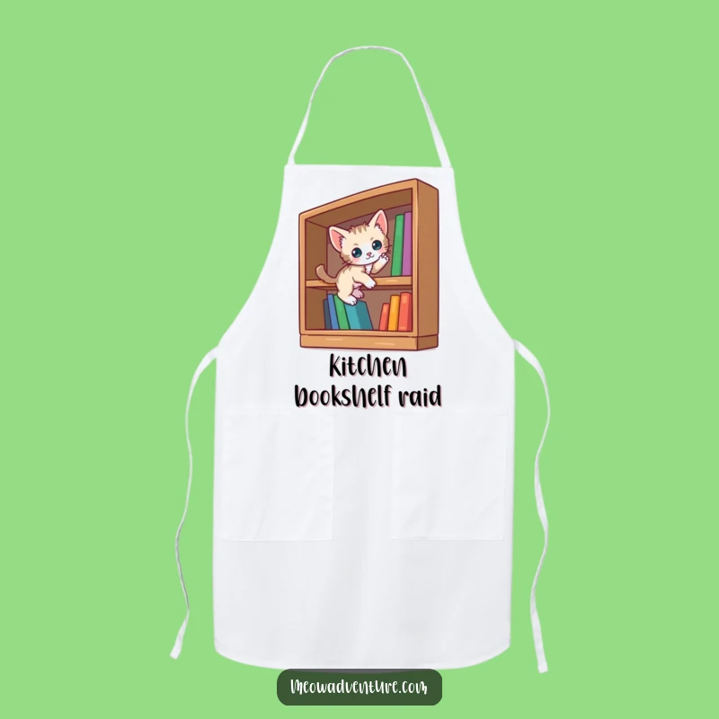 Funny Curious Kitten Apron: Bookshelf Scaling - Cook with Literary Flair!