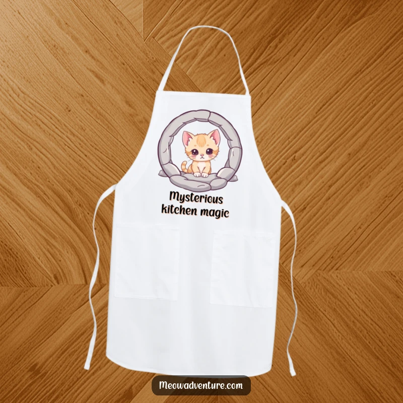 Funny apron, a curious kitten character peering into a mysterious portal, adding whimsical charm and a spirit of discovery to kitchen wear.