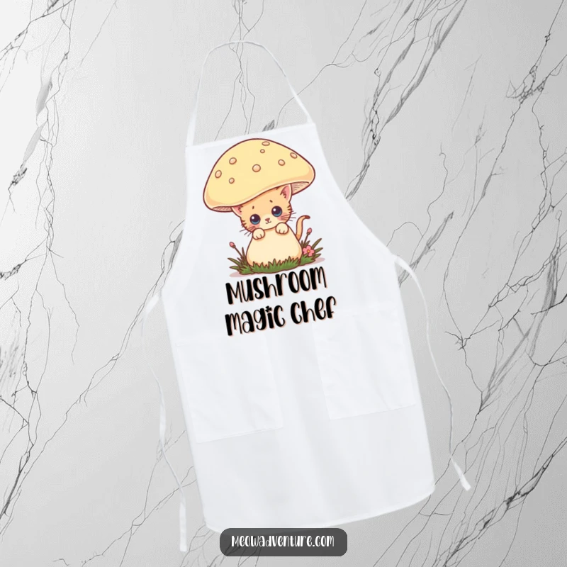 Funny apron showing a curious kitten peeking from behind a giant mushroom, bringing humor and charm to kitchen adventures.