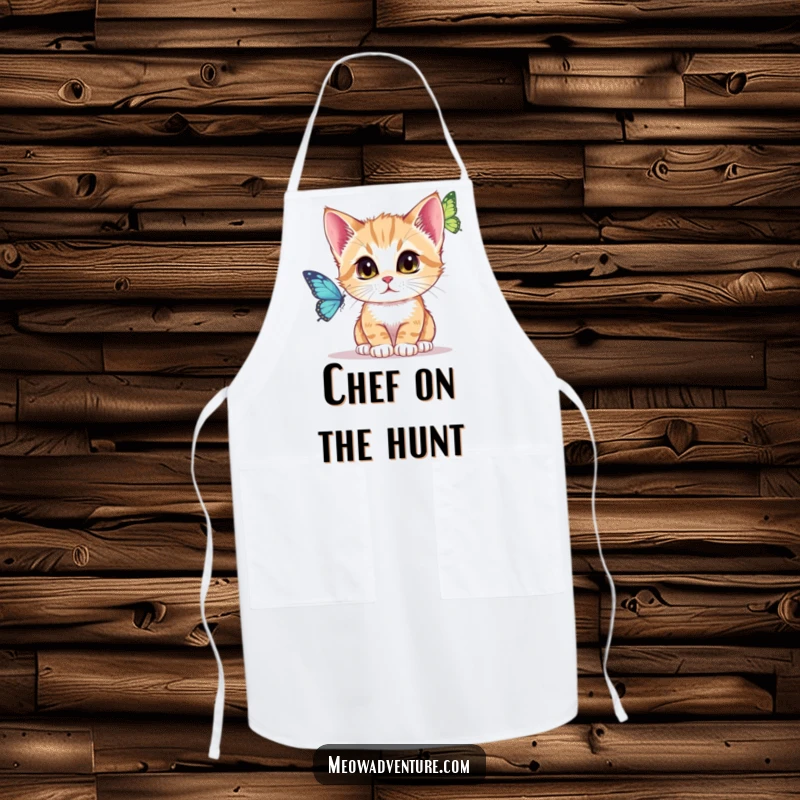 Funny Apron with a kitten intently watching a butterfly, bringing focus and charm to your cooking.