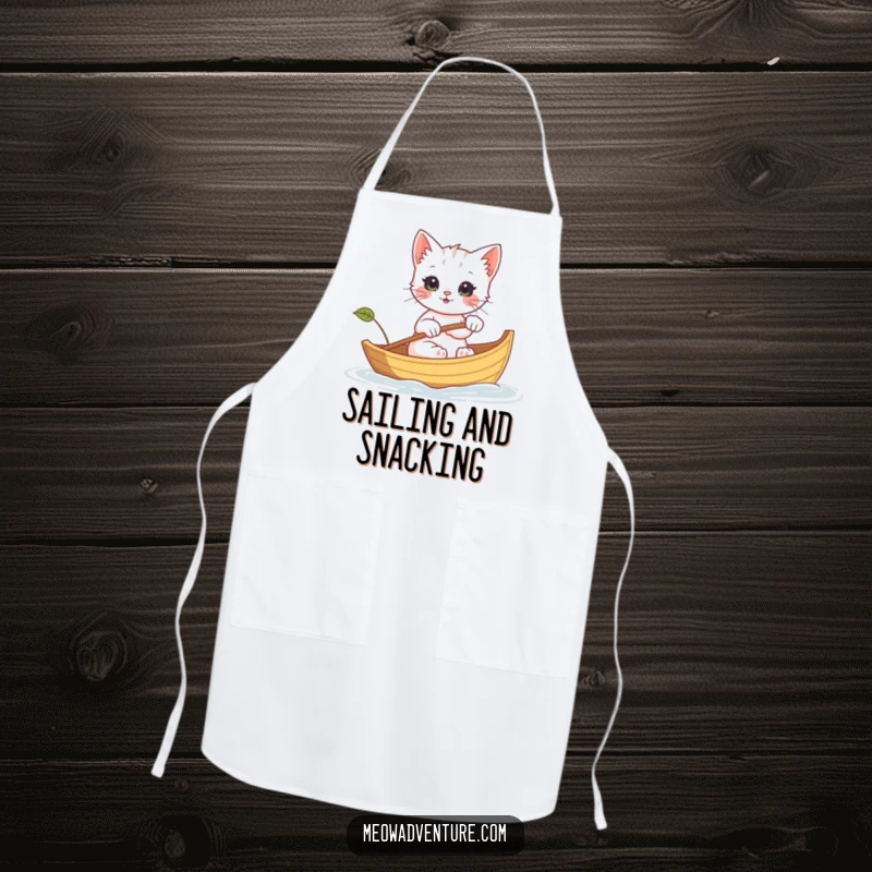 Funny apron with a kitten rowing a leaf boat, bringing a sense of adventure and humor to your cooking experience.