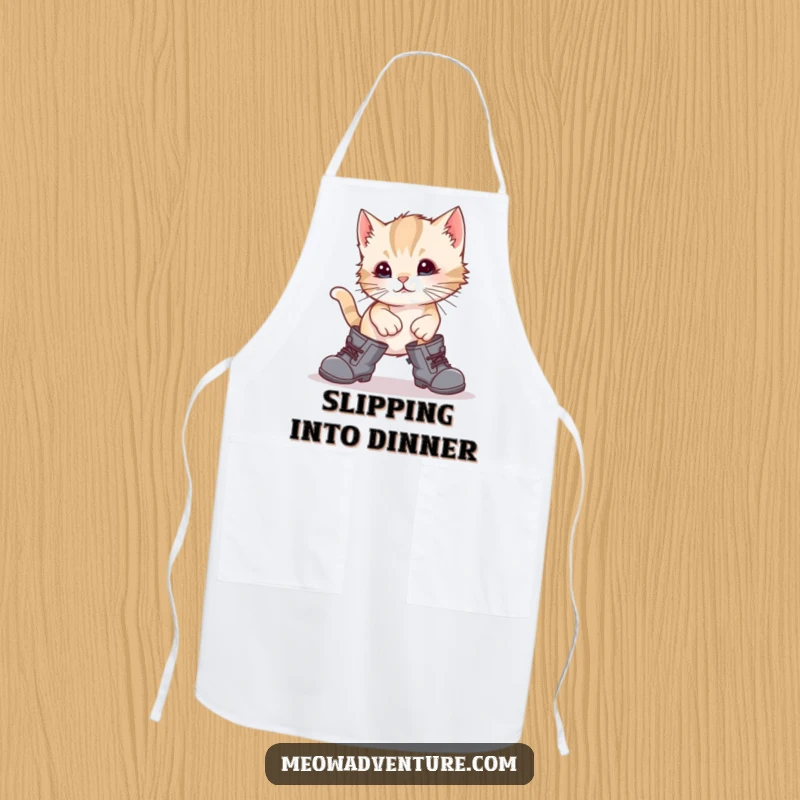 Funny kitten tripping in oversized boots, printed on a kitchen apron, offering a humorous cooking experience.