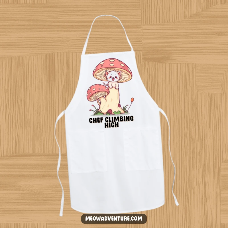 Funny kitchen apron with a brave kitten joyfully scaling a giant, whimsical mushroom while cooking.