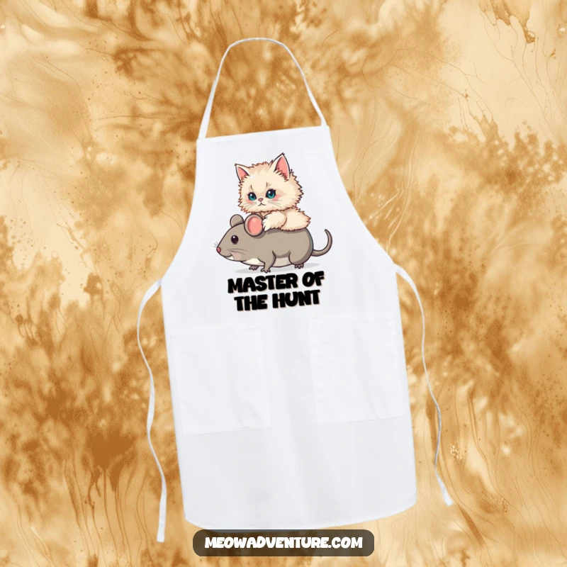 Funny Persian Cat Mouse Ride Apron depicting a fluffy Persian cat riding a comically oversized toy mouse. Functional and humorous.