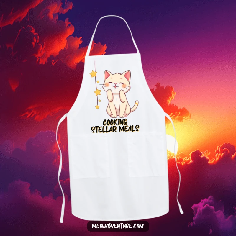 Funny apron featuring a playful cat batting at a string of stars, symbolizing dreams and a touch of cosmic magic in the kitchen.