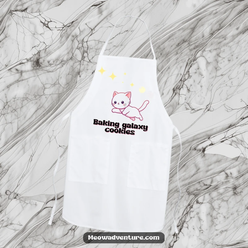 Funny chef apron with a playful kitten leaping across a starry sky, chasing a glowing moonbeam, ready to cook.