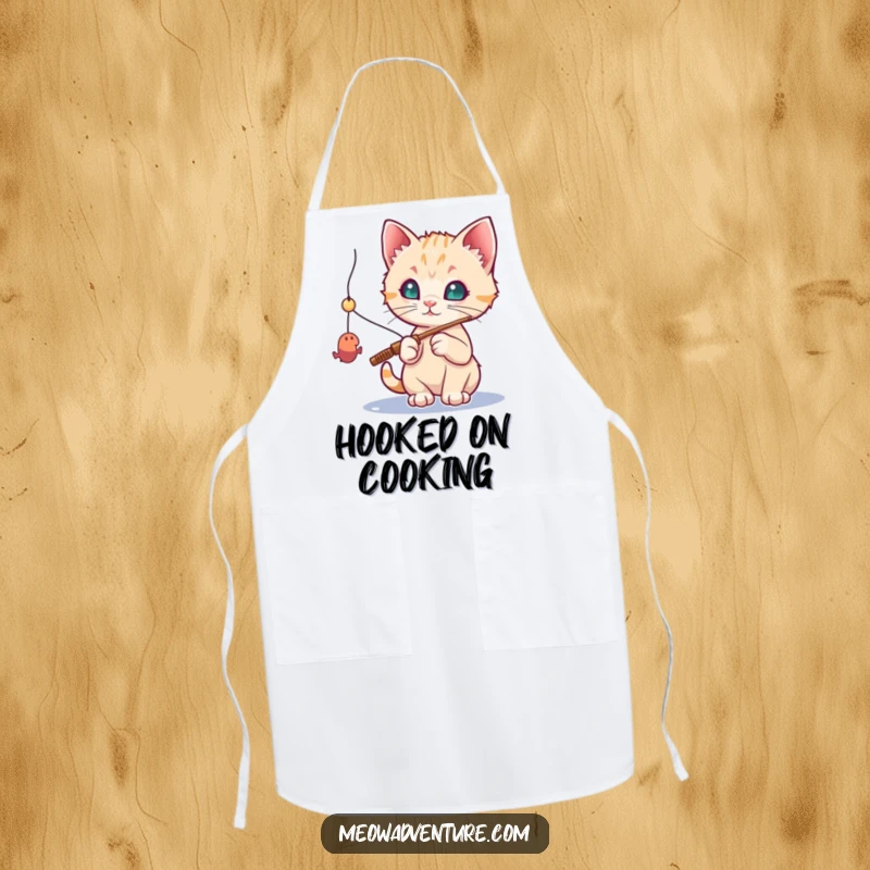Funny cat apron: a curious kitten with a fishing rod, trying to catch a toy mouse while cooking, looking determined.