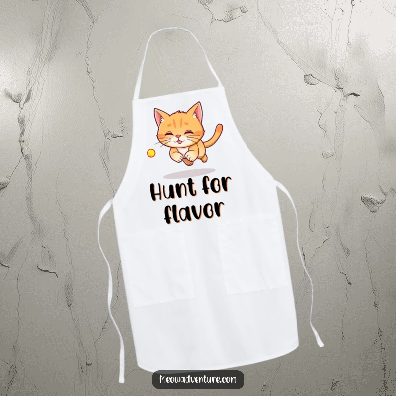 Funny Laser Cat Apron showing a ginger cat intensely focused on chasing a red laser dot, perfect for kitchen fun.