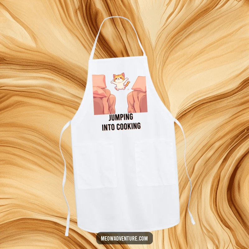 Funny apron featuring a cat mid-leap between cushions, symbolizing fearlessness and agility in the kitchen, perfect for adventurous cooks.