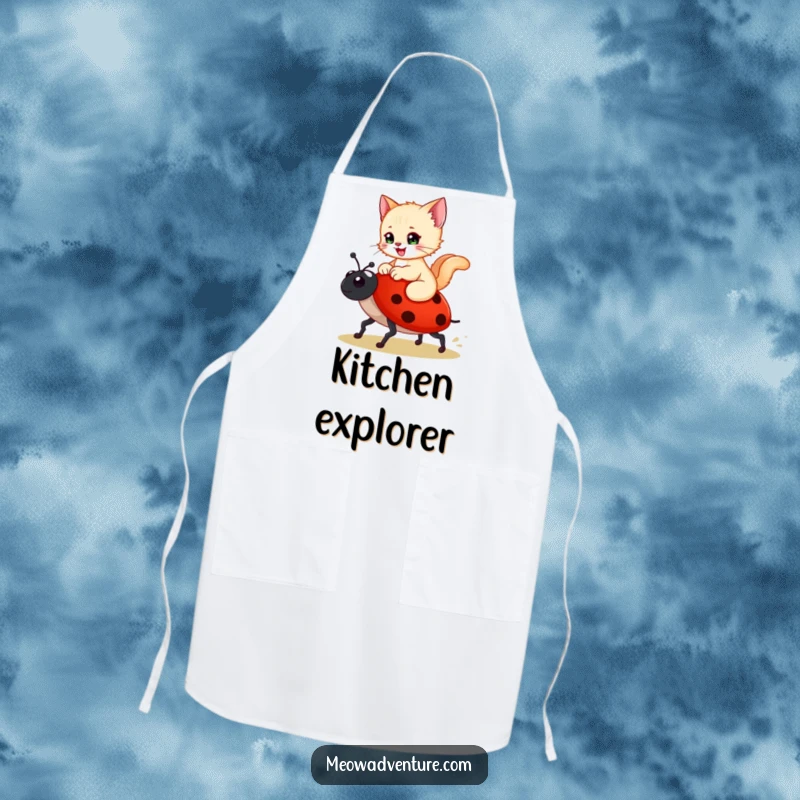 Funny apron featuring a happy kitten riding a ladybug like a steed, for a whimsical and delightful kitchen experience.