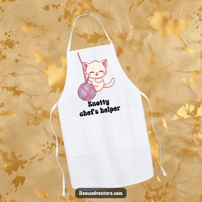 Funny apron showing a brave kitten rappelling down a ball of yarn, adding humor and a spirit of adventure to cooking tasks.
