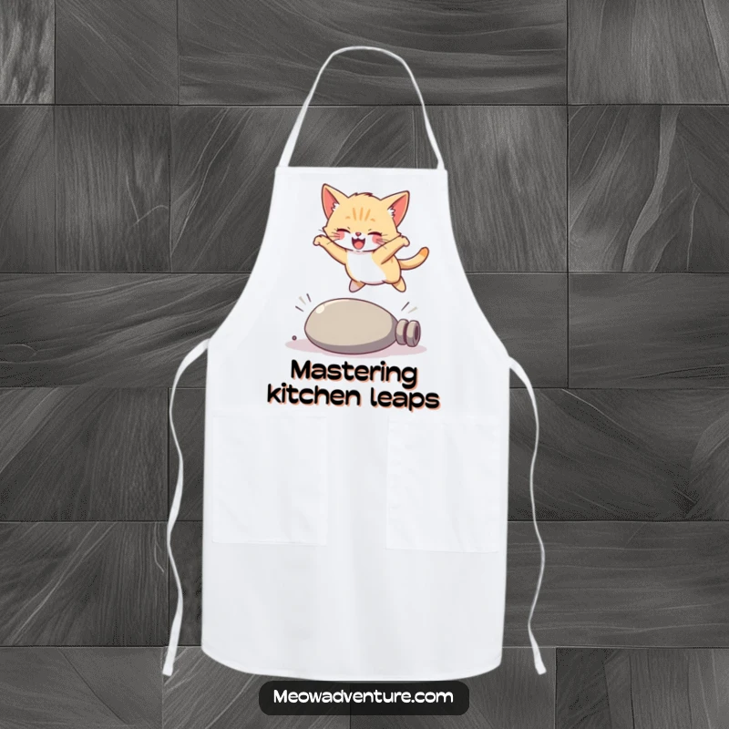 Funny kitten apron, a joyful cat performing a graceful leap over a kitchen item, adding humor to cooking tasks.
