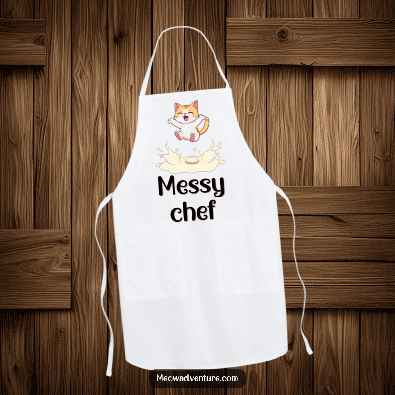 Funny apron with a determined cat leaping over spilled milk, for resilient chefs.