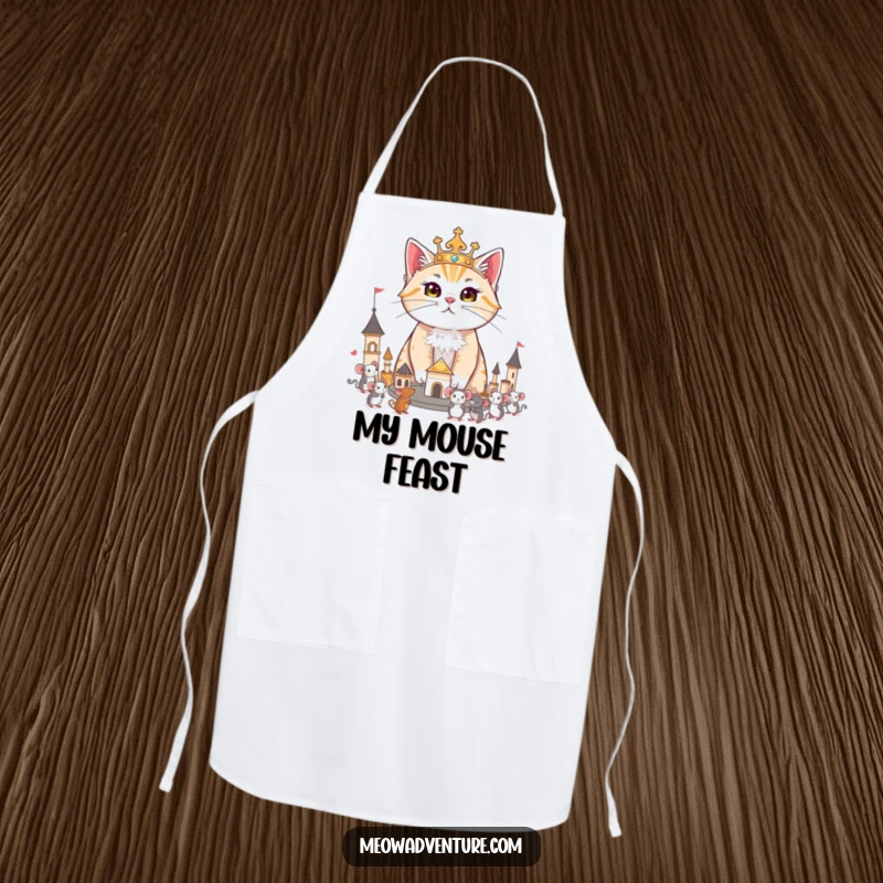 Funny apron with a regal cat surveying its miniature kingdom of toy mice, designed for a royal cooking experience.
