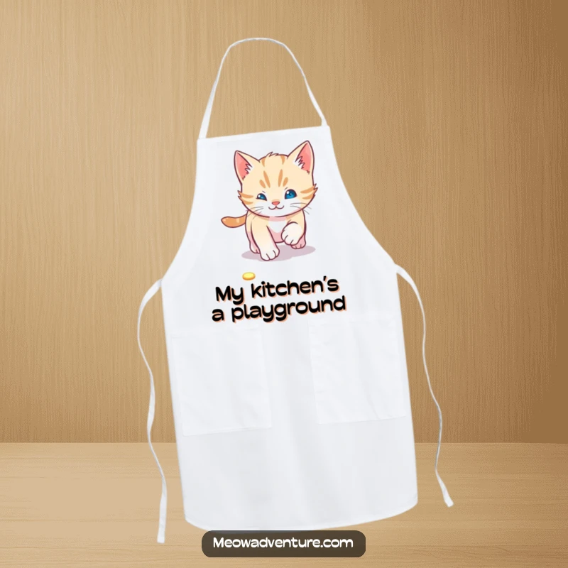 Playful kitten apron showing a cat chasing a laser pointer dot, ideal for adding fun and protection in the kitchen.