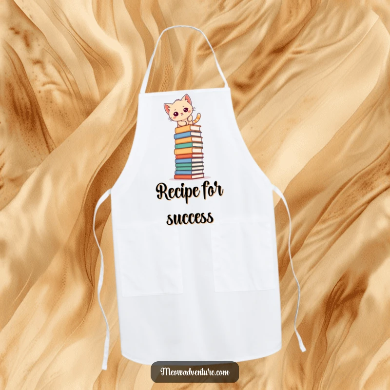 Funny kitten climbing a tall stack of books on a kitchen apron, for chefs who love to read.