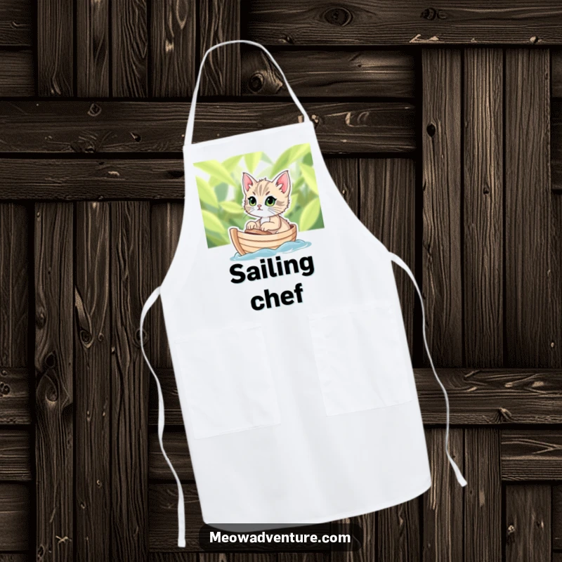 Funny apron featuring a determined kitten sailing on a tiny leafy boat, for adventurous kitchen tasks.