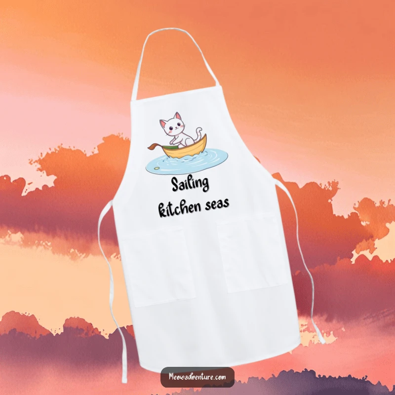Funny apron with an adventurous cat sailing on a leaf boat, designed for culinary exploration and protection.