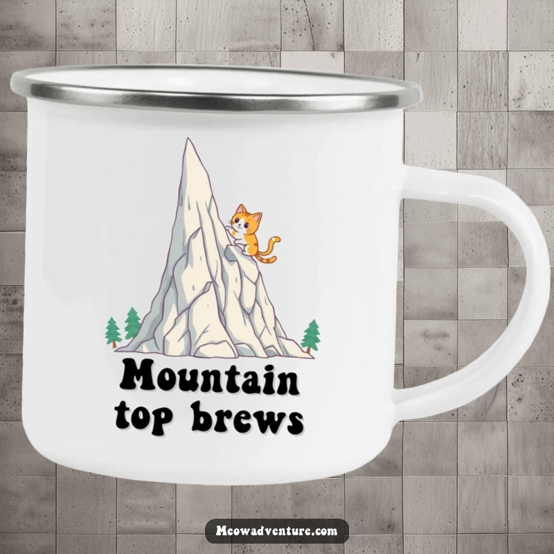 Funny Cat Camping Mug: A brave cat scales a crystal mountain, ideal for outdoor adventures and humorous sipping.