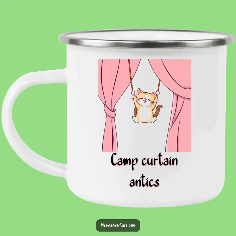 Funny Cat Curtain Camping Mug: Trapeze Adventures, Durable Funny Gift for Outdoors
