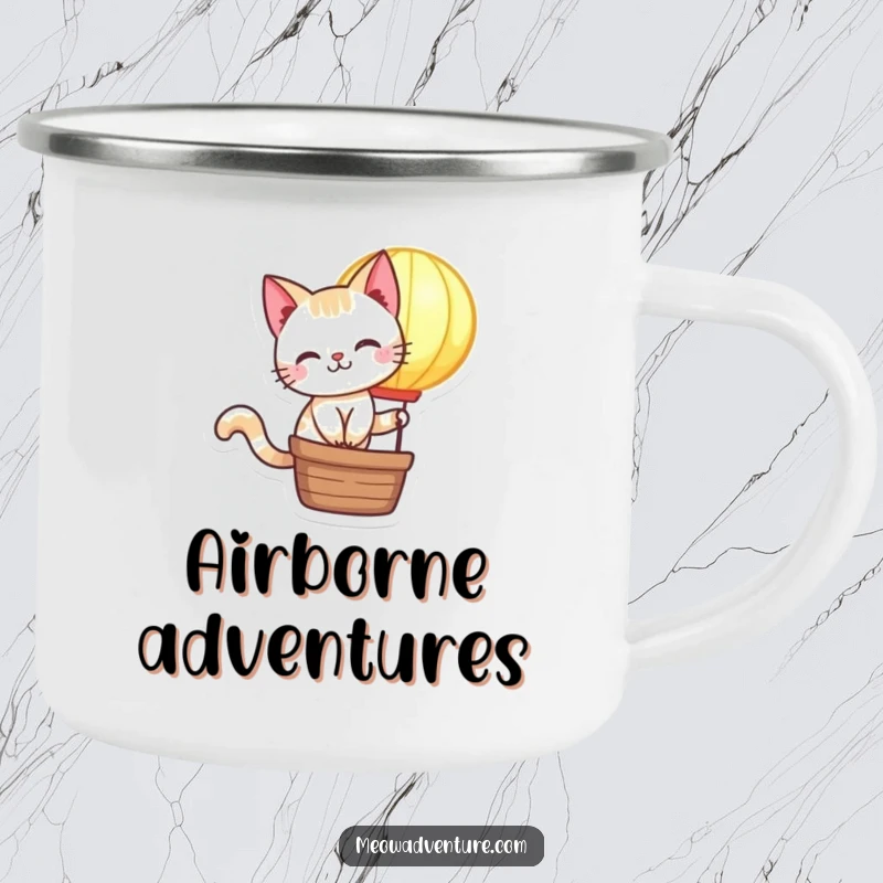 Funny Cat Camping Mug: A mischievous cat rides a glowing hot air balloon, ideal for outdoor adventures and humorous sipping.