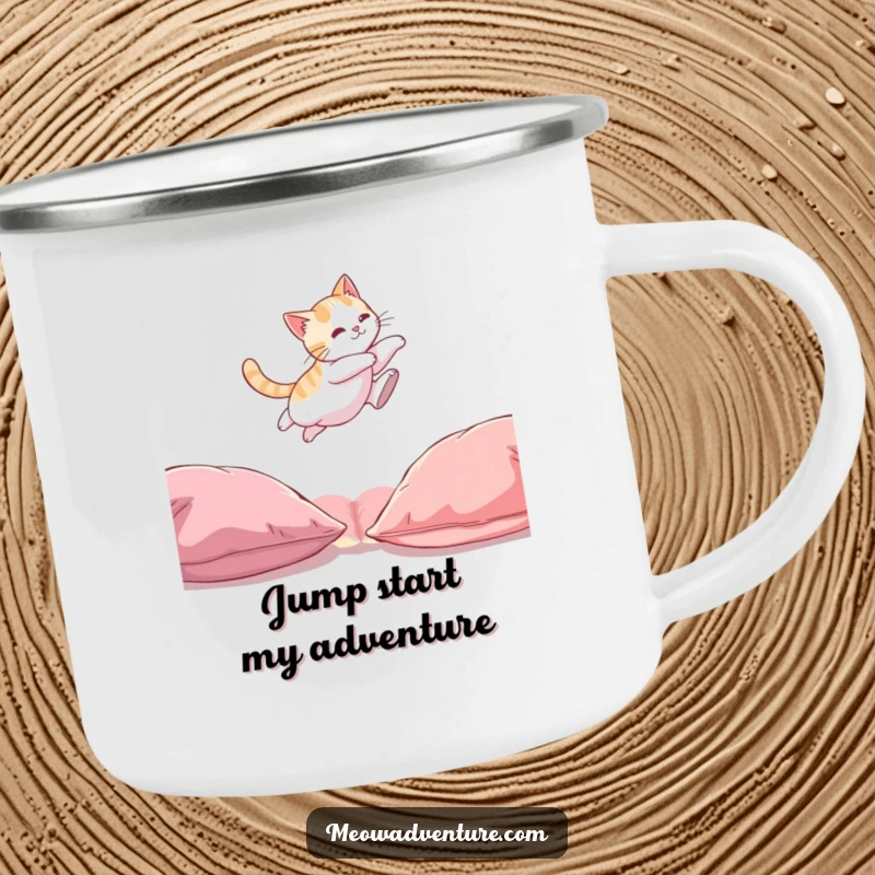 Funny Cat Camping Mug: A sturdy enamel mug with a funny illustration of a cat mid-leap during an outdoor adventure.
