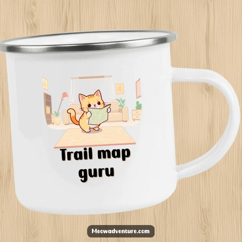 Funny camping mug featuring a determined cat with a map, plotting a course across a living room floor, ideal for exploring.