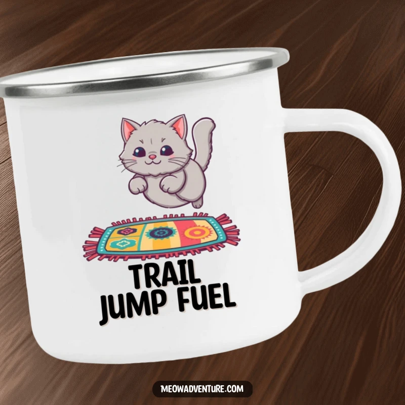 Funny Cat Rug Leap Camping Mug featuring a fluffy grey cat leaping onto a colorful rug, perfect for outdoor beverages.