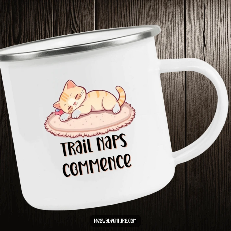 Funny cat stretch camping mug, a rugged enamel mug showcasing a cat stretching contentedly after a nap, perfect for outdoor relaxation.