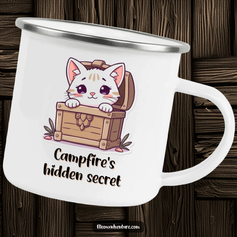 Funny Cat Camping Mug: A curious cat peeks from a treasure chest, perfect for adventurers seeking humor and refreshment.