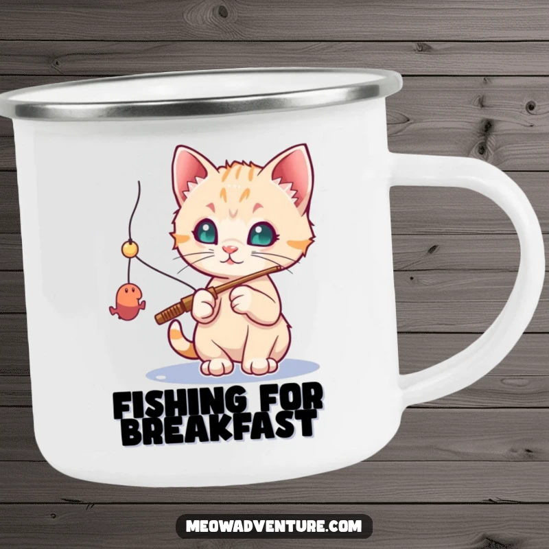 Funny cat camping mug: a curious kitten with a fishing rod, trying to catch a toy mouse during camping, looking focused.