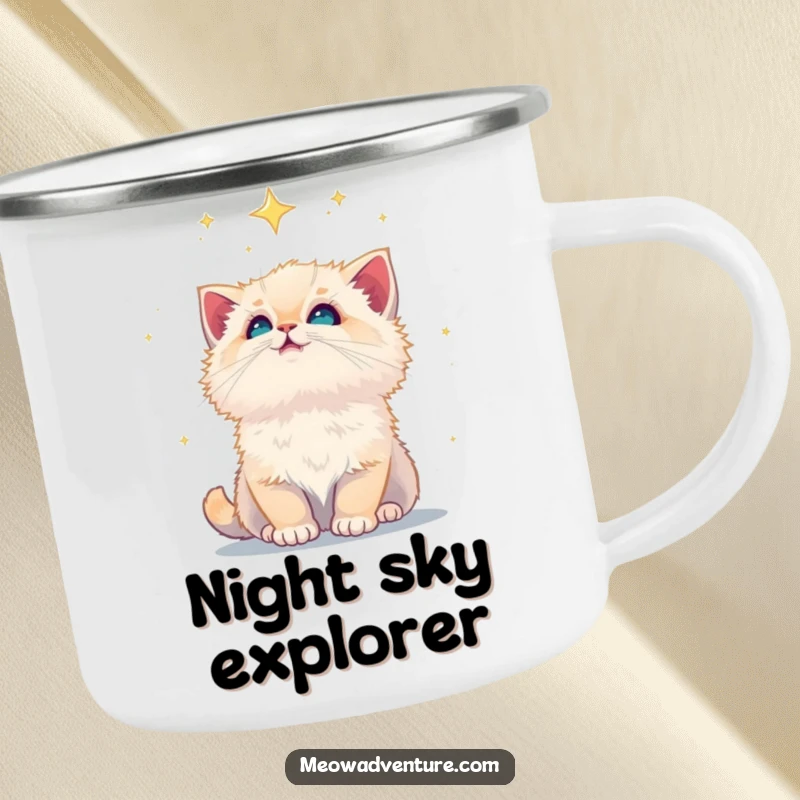 Funny fluffy kitten gazing at a starry night sky, printed on a durable camping mug, for outdoor enthusiasts.