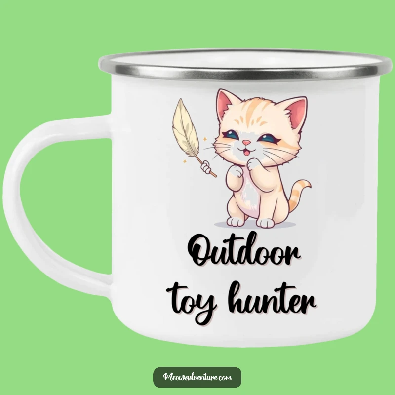 Funny Mischievous Kitten Camping Mug: Feather Fun, Hilarious Outdoor Gift