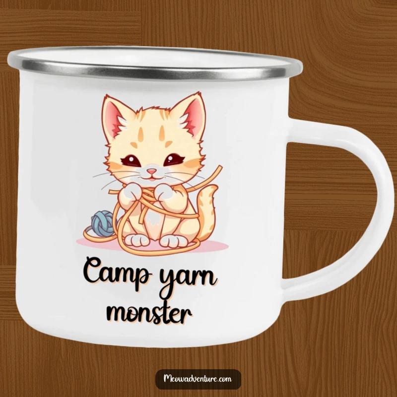 Funny Camping Mug with a mischievous kitten tangled in yarn, a playful companion for outdoor escapades.