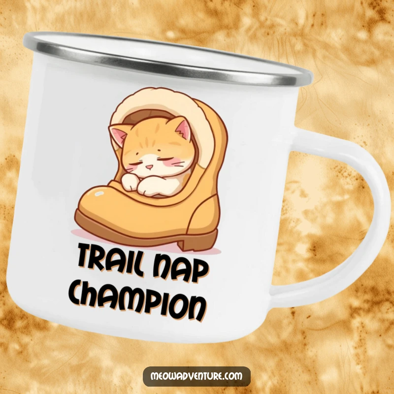 Funny camping mug showing a cat sleeping soundly in a boot, perfect for enjoying warm drinks during outdoor escapes with humor.