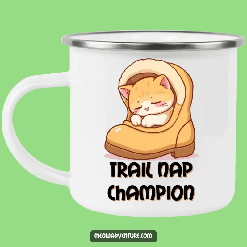 Funny Sleepy Cat Boot Camper Mug - Cozy Outdoor Sip, Hilarious Adventure Gift