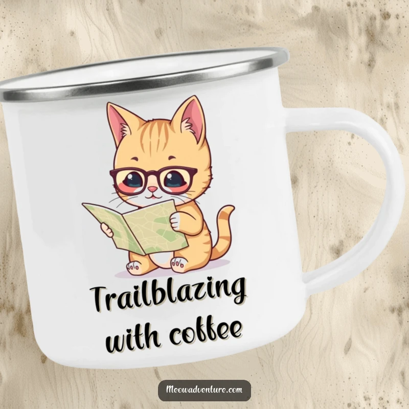 Funny camping mug featuring a cat with spectacles reading a map, perfect for planning outdoor expeditions with intellectual humor.