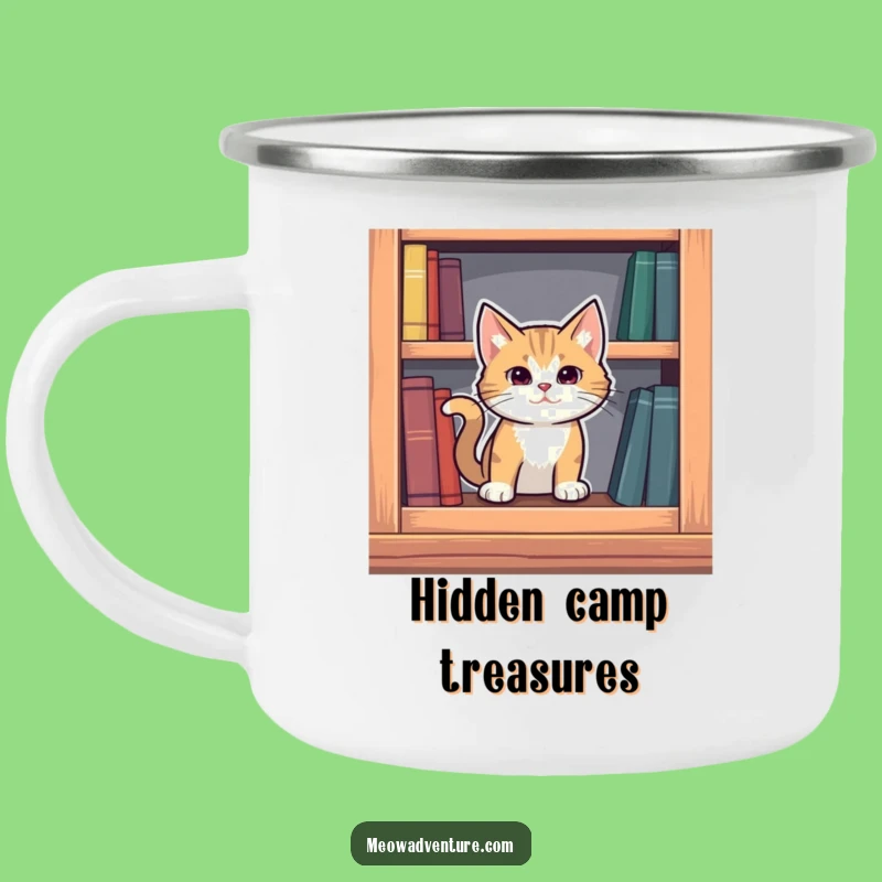 Funny Mysterious Cat Camping Mug: Bookshelf Secret - Adventure Intrigue!