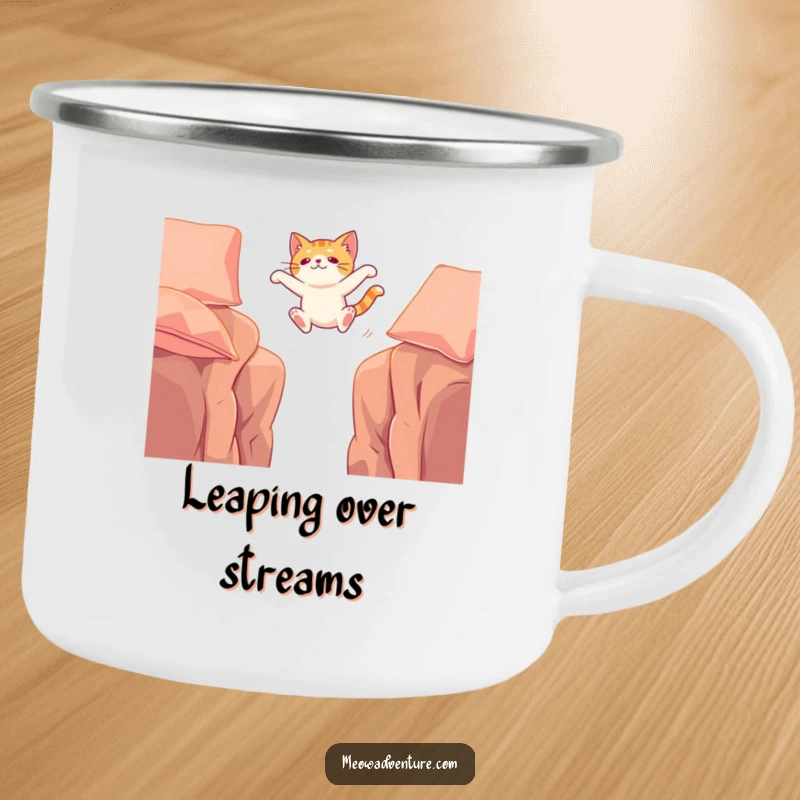 Funny camping mug with a cat executing an epic leap between cushions, perfect for adventurers who appreciate feline daring.
