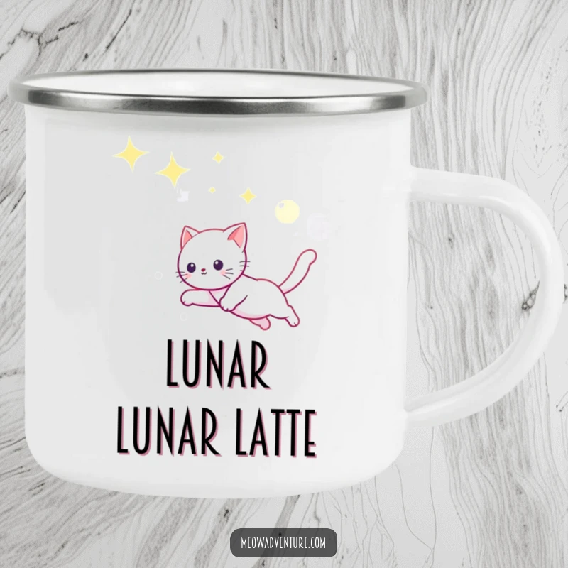 Funny enamel camping mug with a playful kitten leaping through a starry sky, chasing a shimmering moonbeam by a campfire.