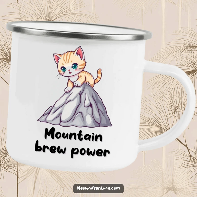 Funny camping mug showing a determined kitten climbing a mountain, perfect for adventurers who appreciate humor and motivation.